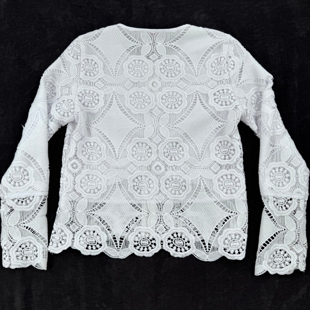 Saks Fifth Avenue Small White Lace Zip Jacket Floral Crochet Sheer Long Sleeve - Picture 3 of 9
